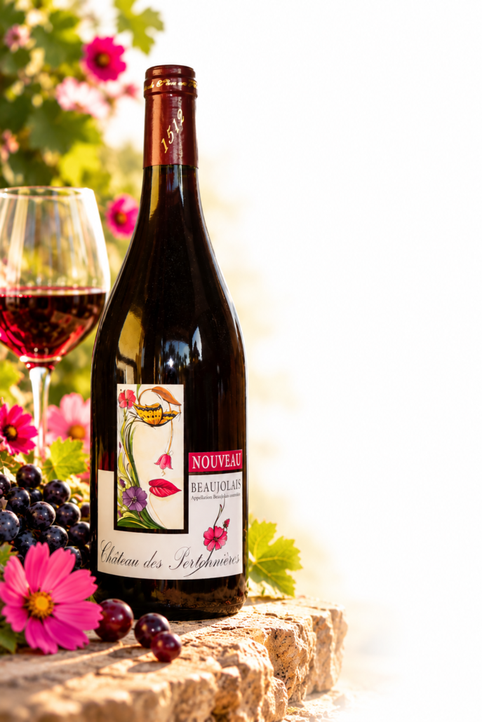 Bouteille de Beaujolais Nouveau style magazine chateau des Pertonnieres Beaujolais Dupeuble